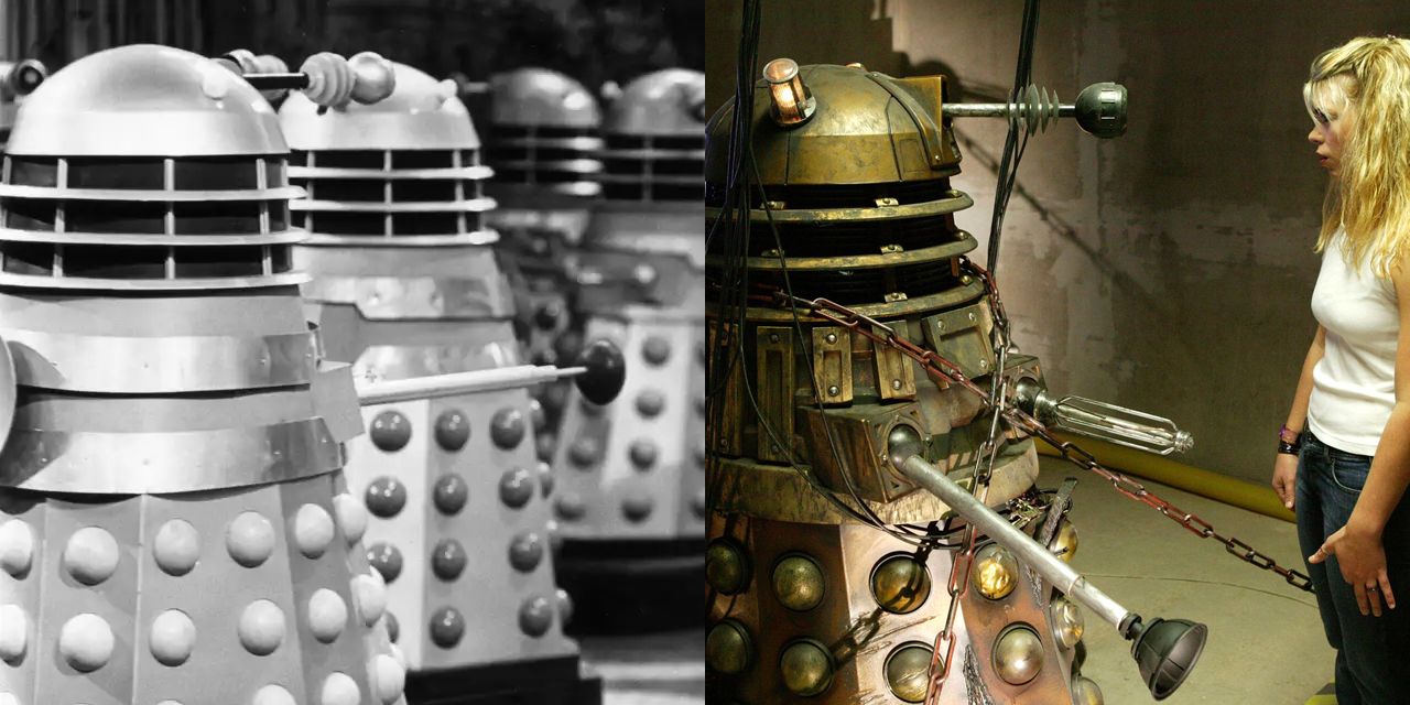 Feature image of classic Dalek and modern Dalek talking to Rose