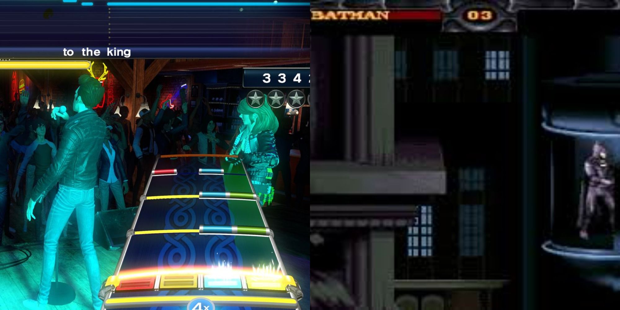 An image of Rock Band gameplay and Batman Forever