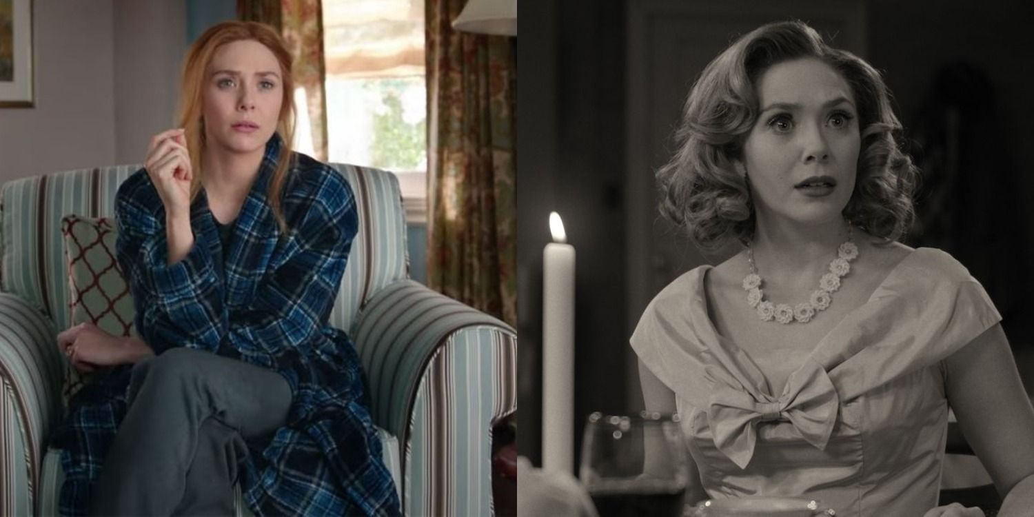 A split image of Elizabeth Olsen in WandaVision. One image shows Wanda is her morning outfit. In the other image, it is Wanda in her 1950s outfit