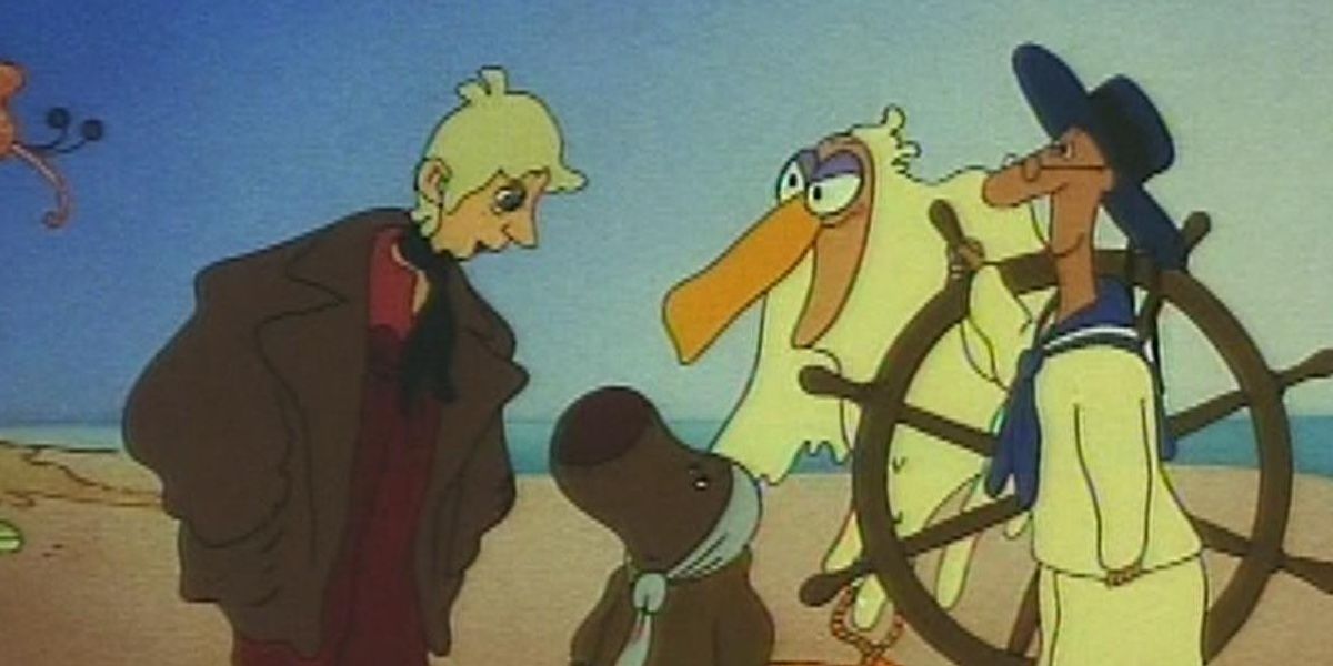 Ferdinand talking to creatures of Melonia in a still from The Journey To Melonia