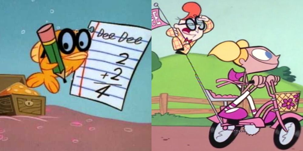 Dexter writing on sheet of paper as a fish/Dexter looking into the wind, while holding on to Dee Dee's bike while she rides it