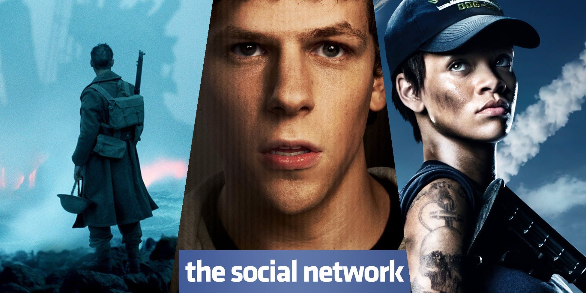 Collage featuring Rihanna in Battleship, Jesse Eisenberg in The Social Network & Harry Styles in Dunkirk