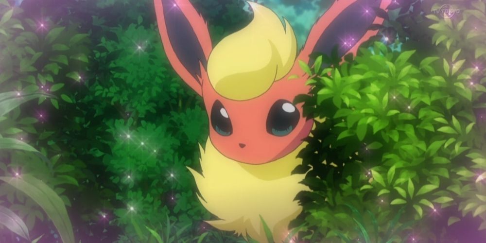 Flareon coming out of bushes in the Pokémon anime.