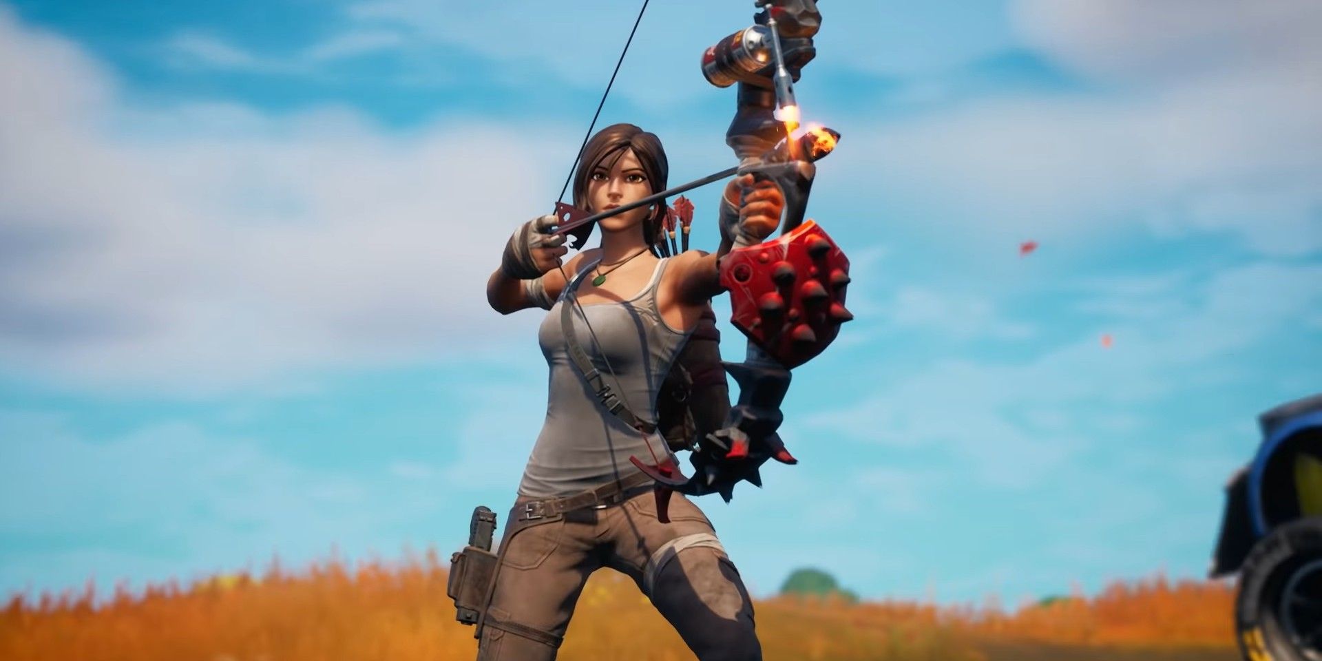 A Fortnite Lara Croft skin drawing a bow.