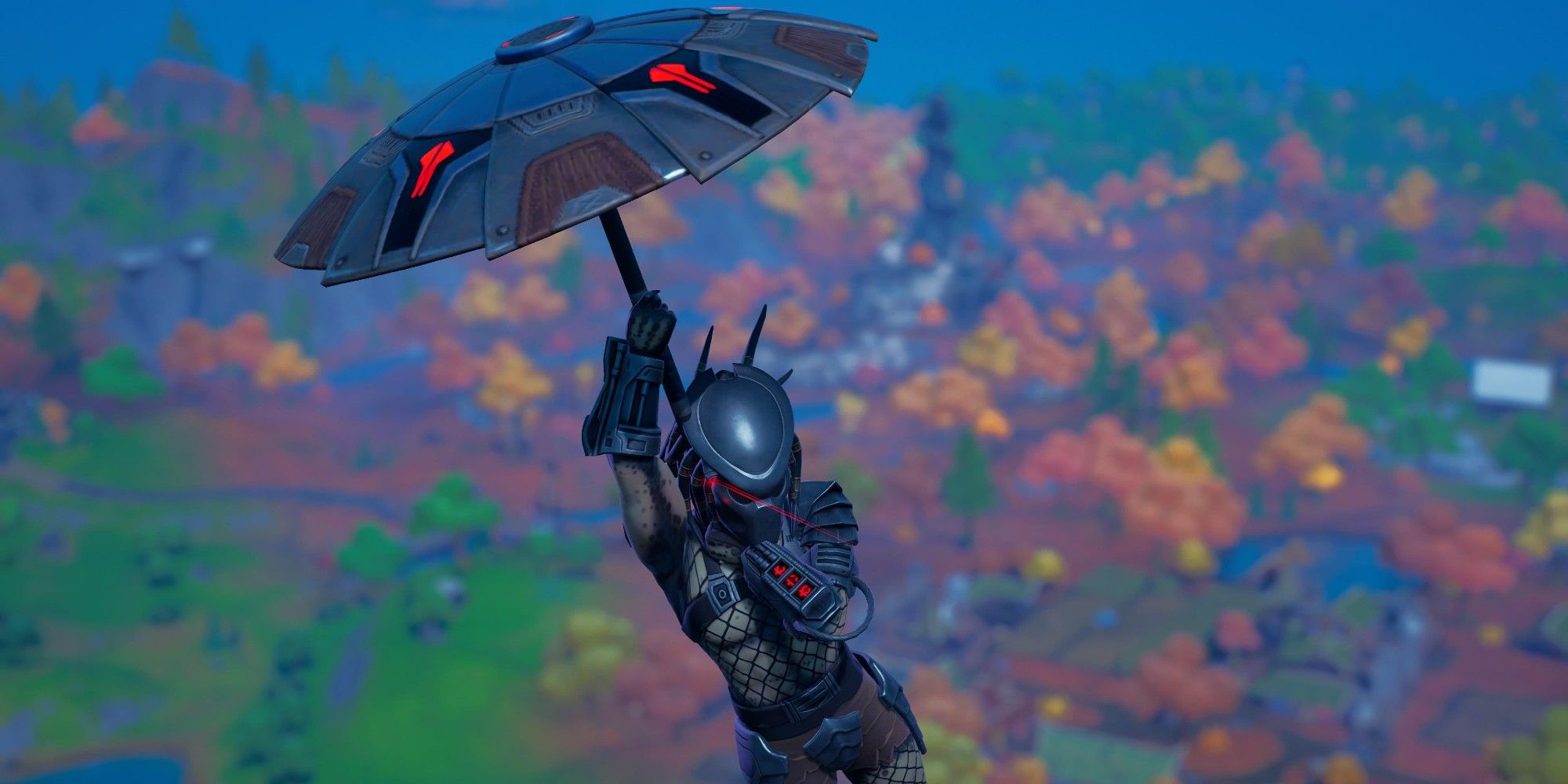 A player dressed as the Predator uses the Foundational 'Brella from the Seven Set in Fortnite Season 6