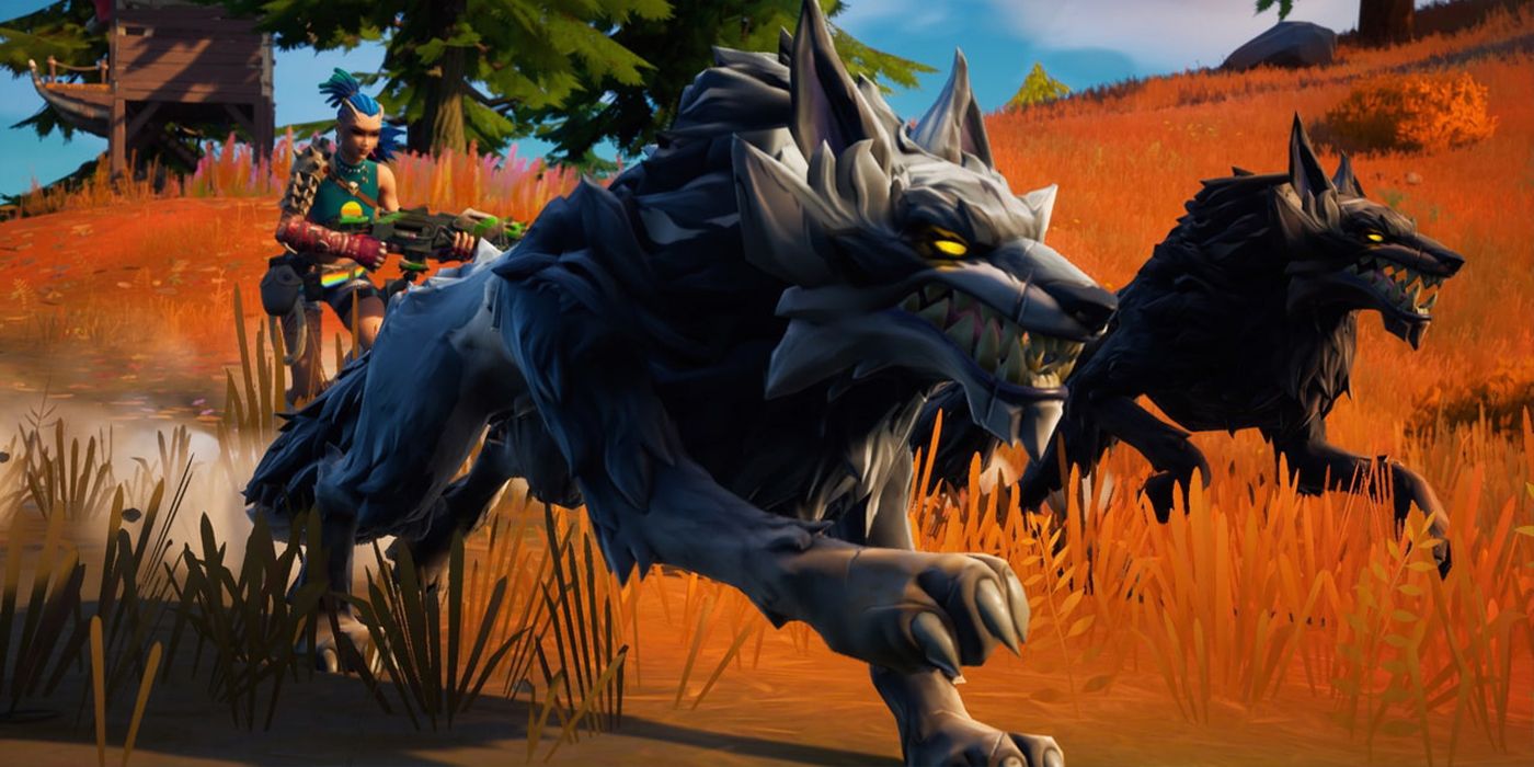 Fortnite Season 6's Primal Wolves with yellow eyes, running away