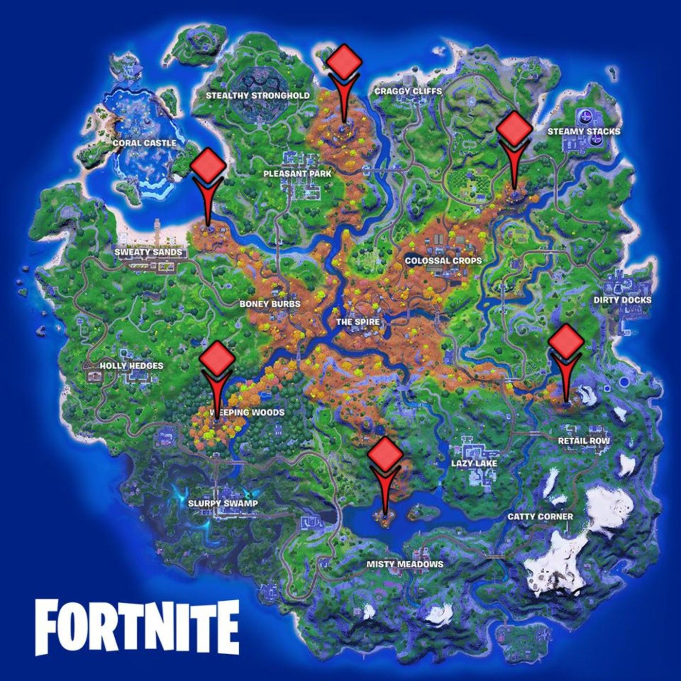 Map locations for all six Spire Guardians in Fortnite Season 6