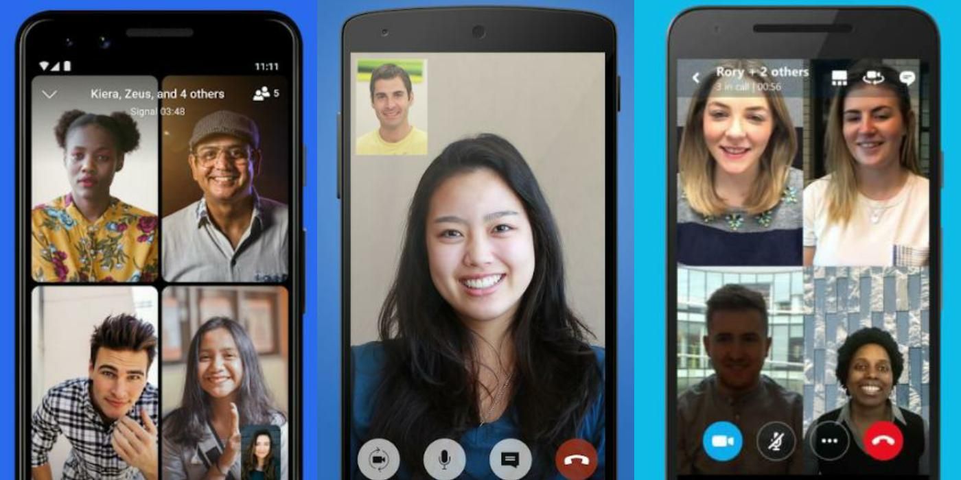 Side-by-side images from free calling apps Signal, Imo, and Skype