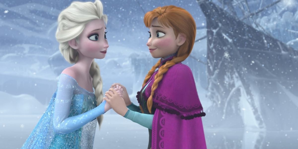Elsa and Anna holding hands at the end of Frozen