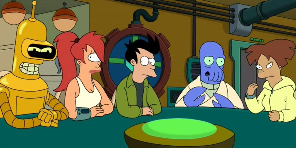 Bender, Zoidberg, Fry, and Leela all have different skin and hair color in an alternate dimension in Futurama