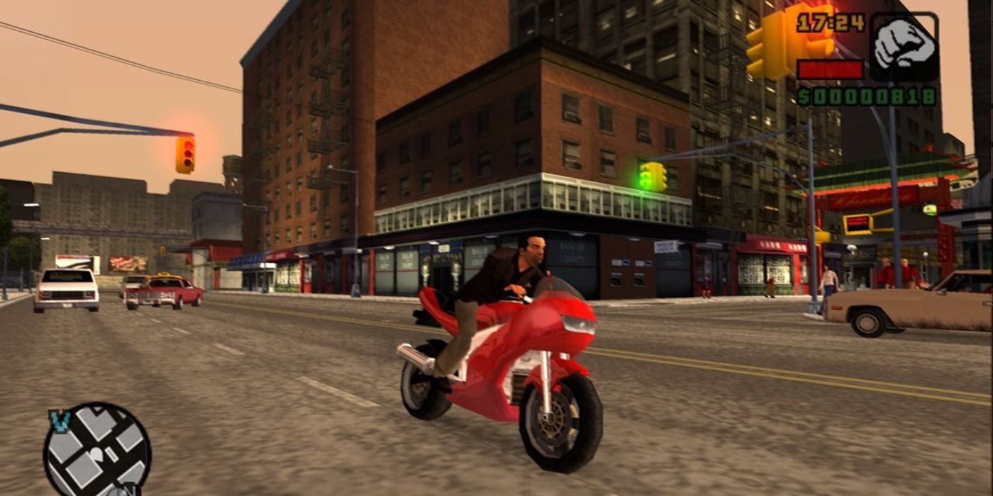 Protagonist riding on a red motorbike as they drive through the city
