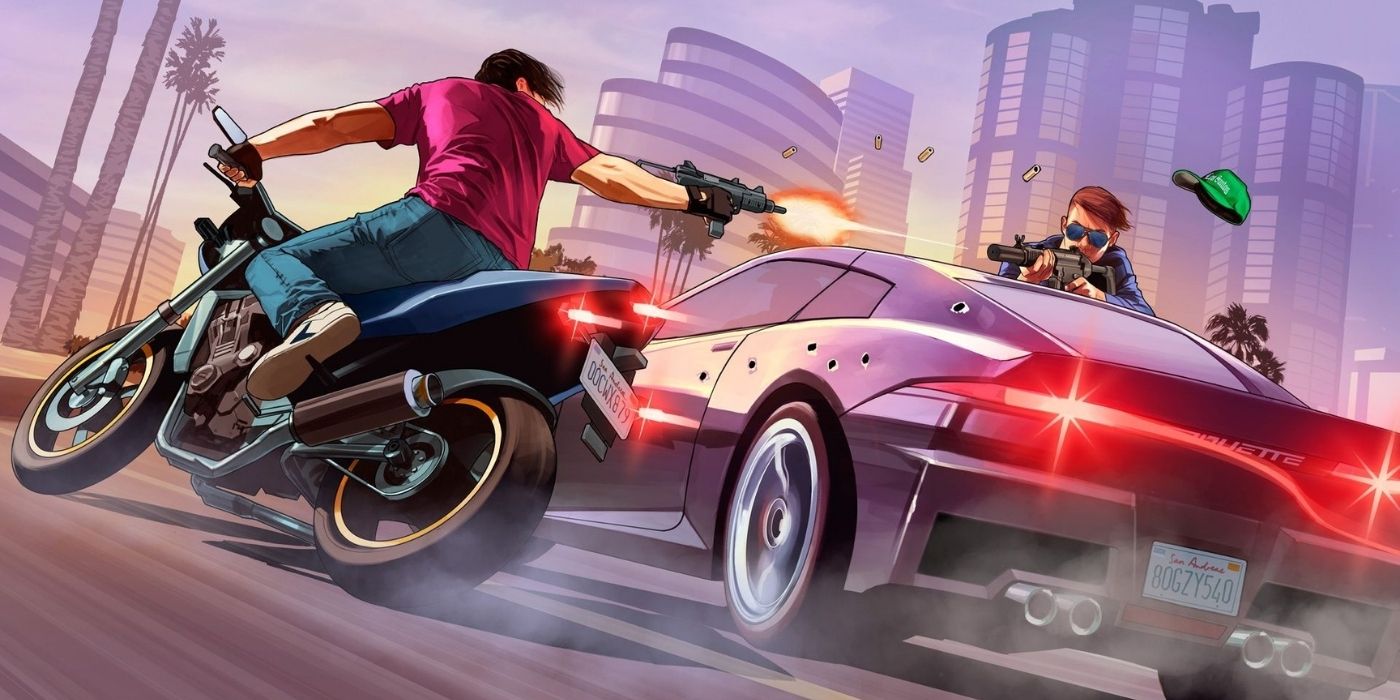 A player on a motorbike is in a shootout with a player in a sports car in GTA Online