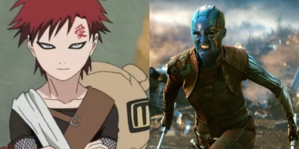 Gaara stands calmly during the Chunin Exams before fighting Rock Lee in Naruto while Nebula runs into battle with her blades in Avengers: Endgame