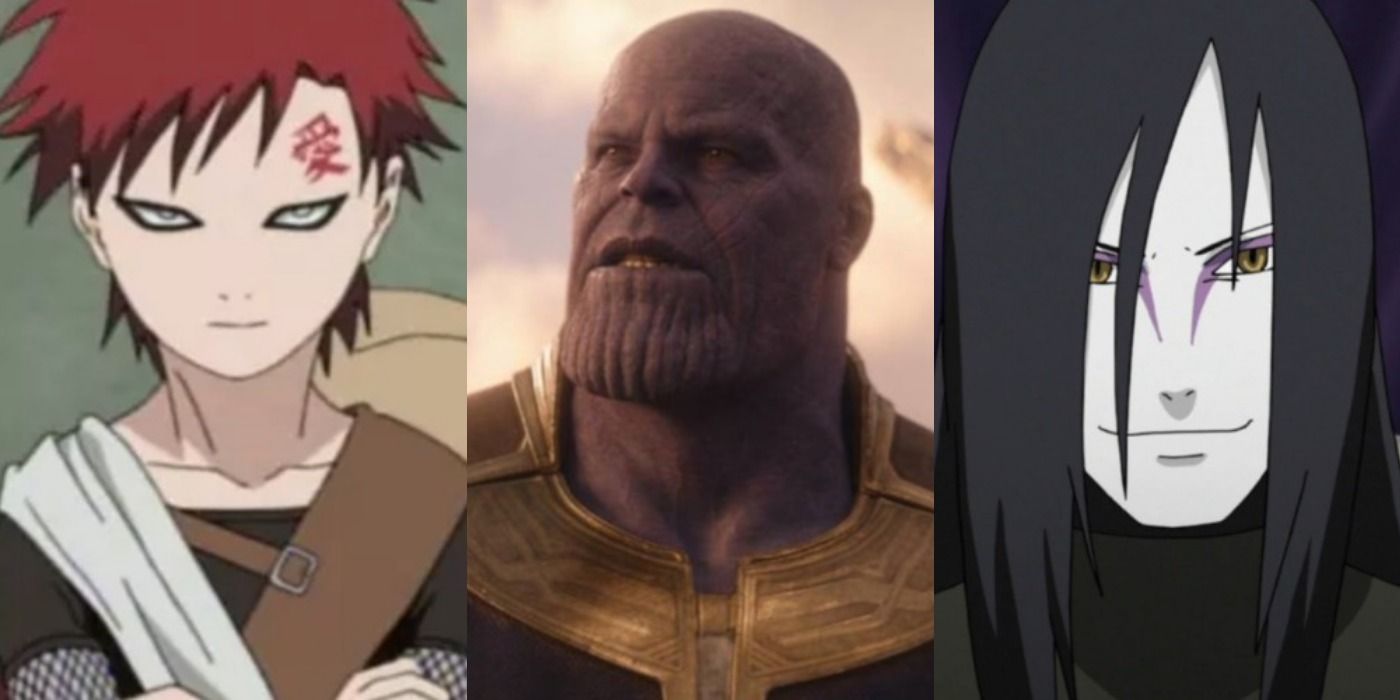 The faces of Gaara in Naruto, Thanos in Avengers: Infinity War, and Orochimaru in Naruto: Shippuden
