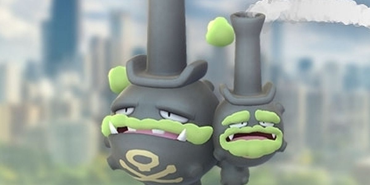 Galarian Weezing as seen in Pokémon Go on a background of a city