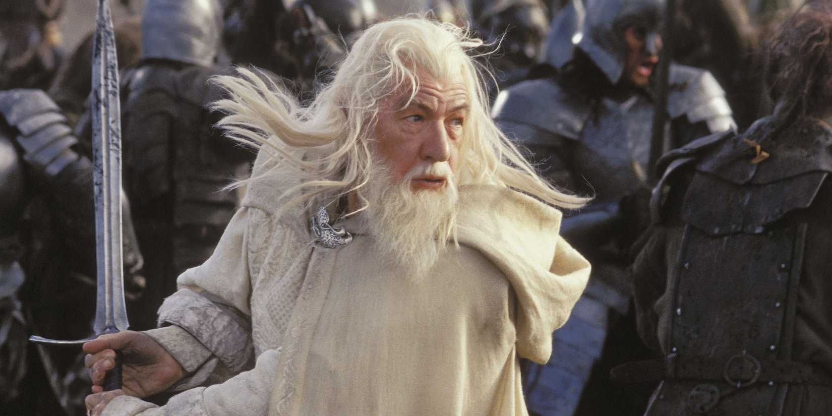 Gandalf’s wielding a sword and fighting in battle in Lord of the Rings: The Return of the King