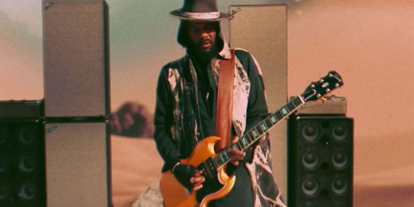 Gary Clark Jr. playing the guitar and performing Come Together in a Justice League promo