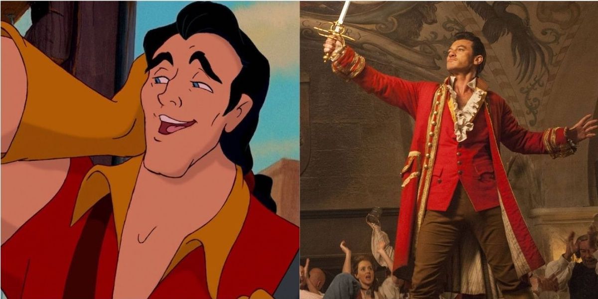 Animated Gaston Flexing his muscles and live-action Gaston holding a sword.
