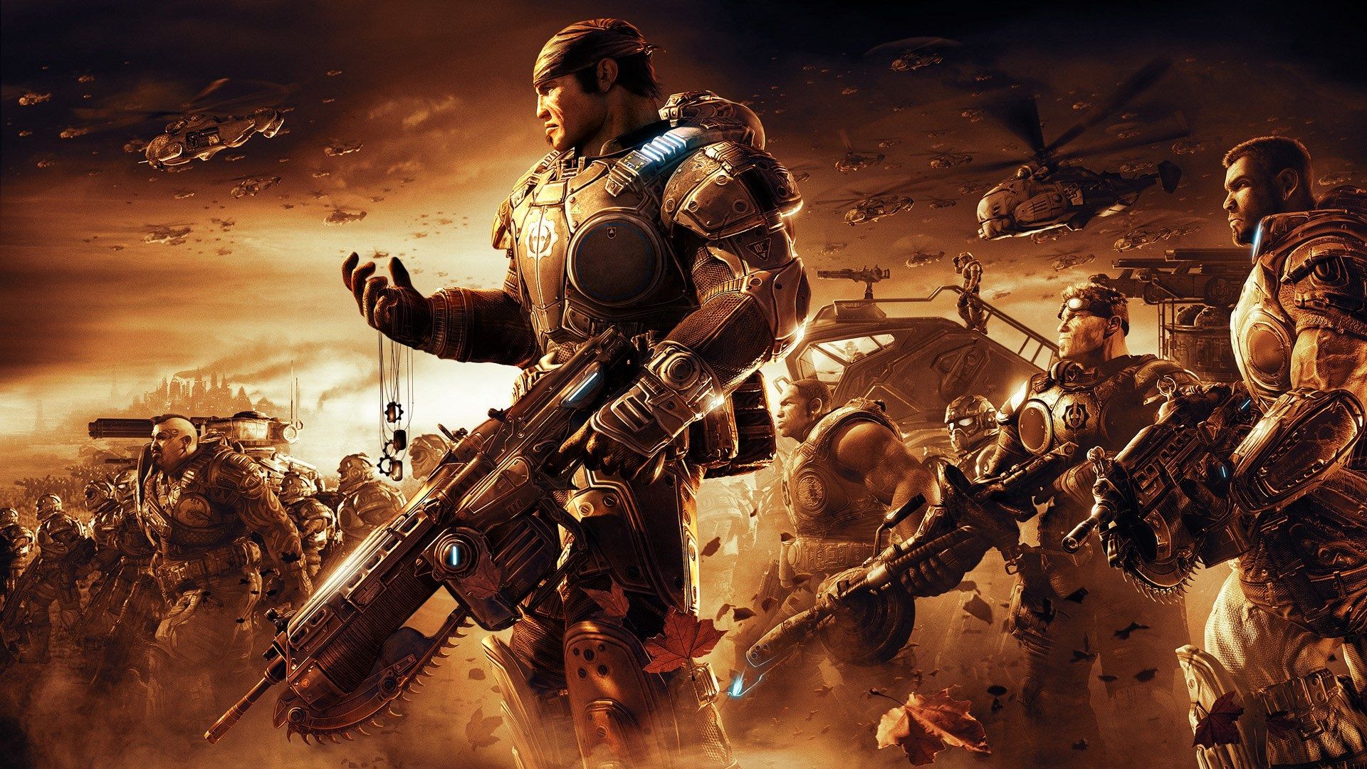 Key art for Gears of War 2 with Marcus Fenix holding a bunch of dog tags in front of an army of soldiers