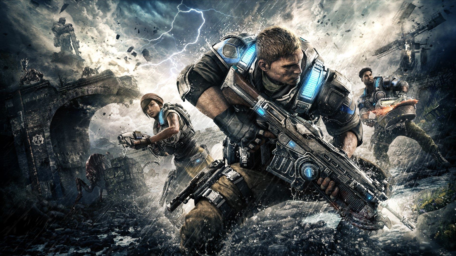 Key Art for Gears of War 4 showing soldiers crouching down in a desolate wasteland