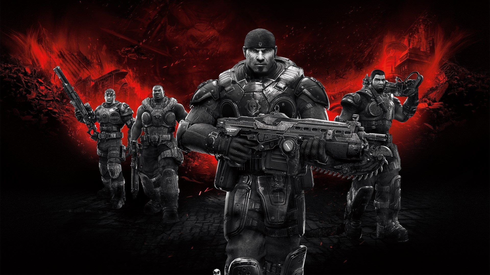 Key art for the original Gears of War game, with Marcus Fenix and his crew standing in a line