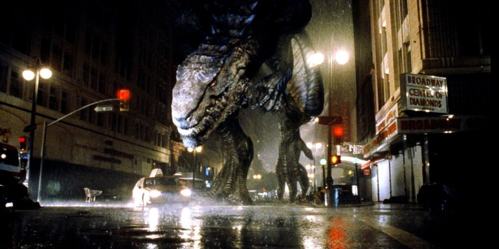Godzilla chasing a taxi around New York in Roland Emmerich's 1998 film