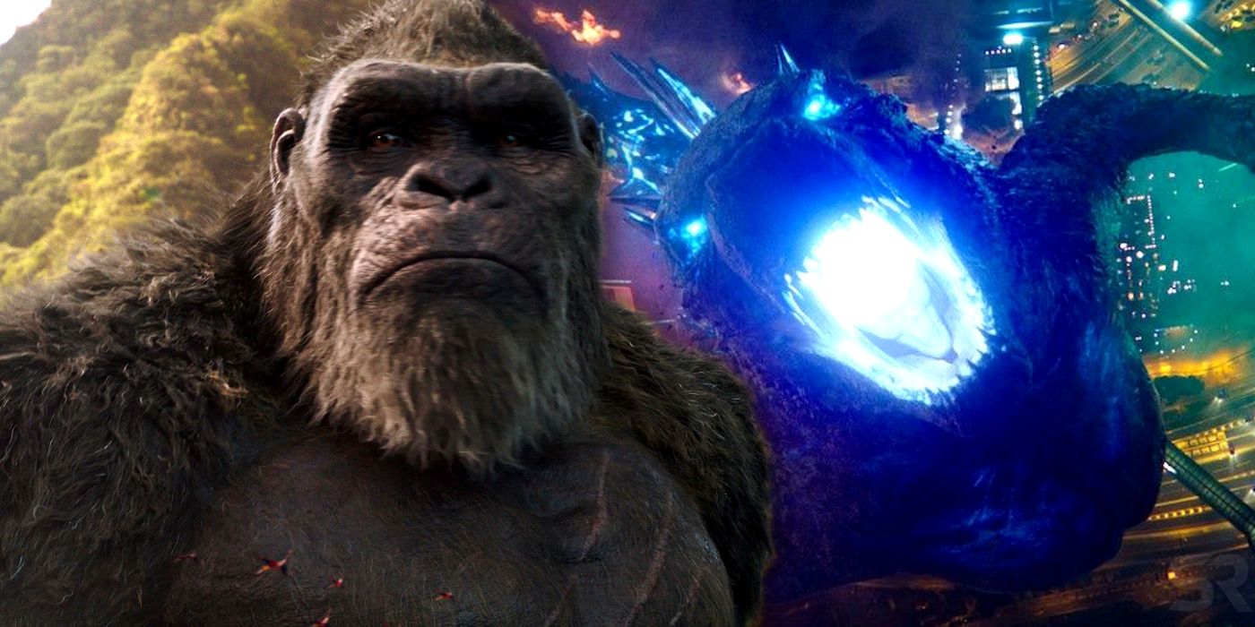 A composite image of King Kong and Godzilla as he fires his atomic breath from Godzilla X Kong