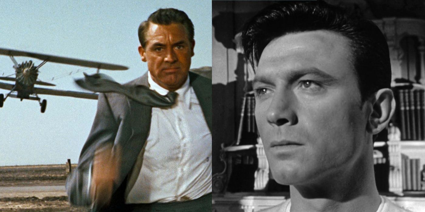 split image of plane chase scene from North By Northwest and a close up shot from The Manchurian Candidate