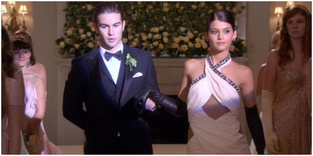 Nate in a tux escorts Sage in a white evening gown