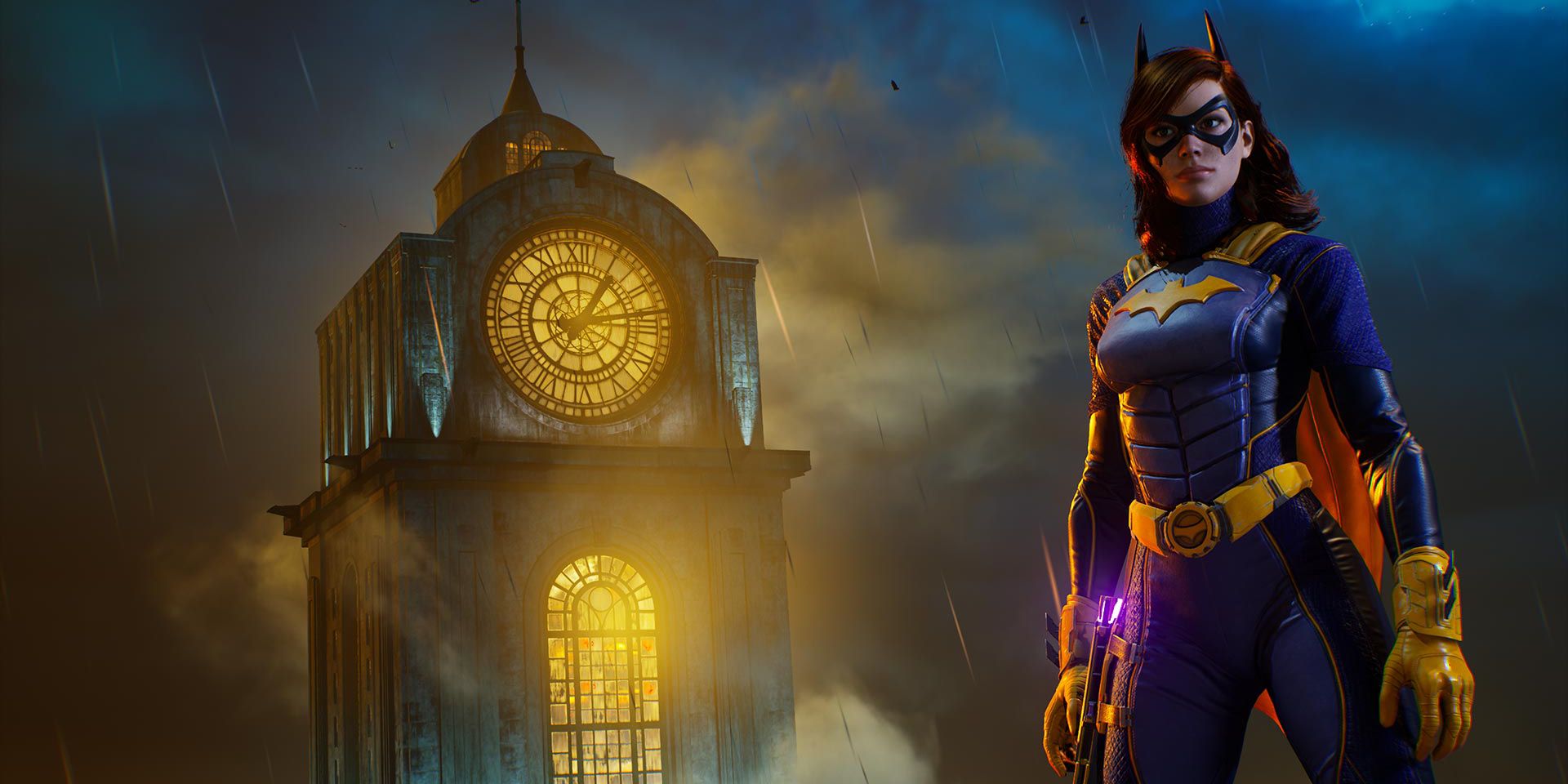 Batgirl standing atop a building with a glowing clocktower behind her in Gotham Knights