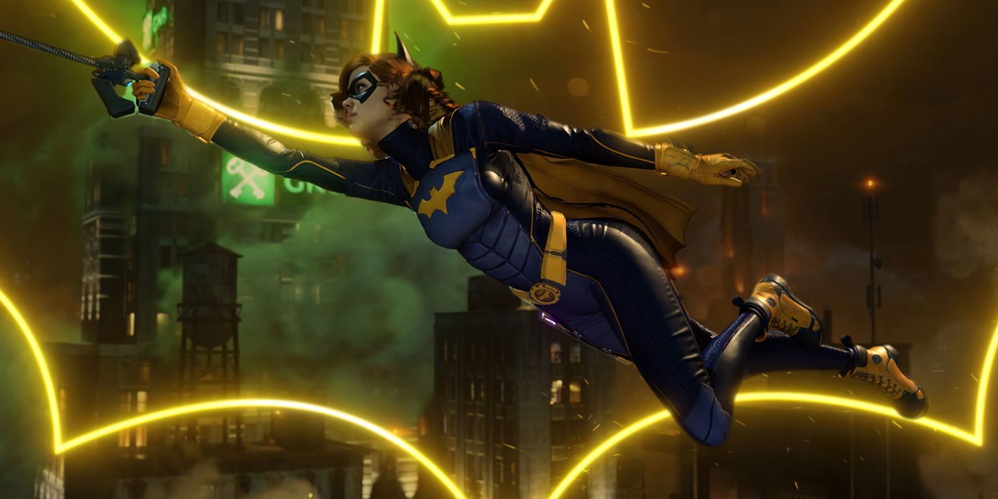 Batgirl swinging through Gotham with her icon in the background in Gotham Knights.