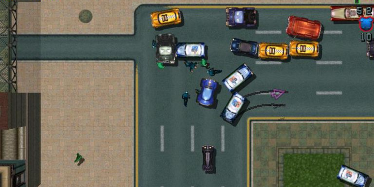 Screenshot of a car pileup from Grand Theft Auto 2