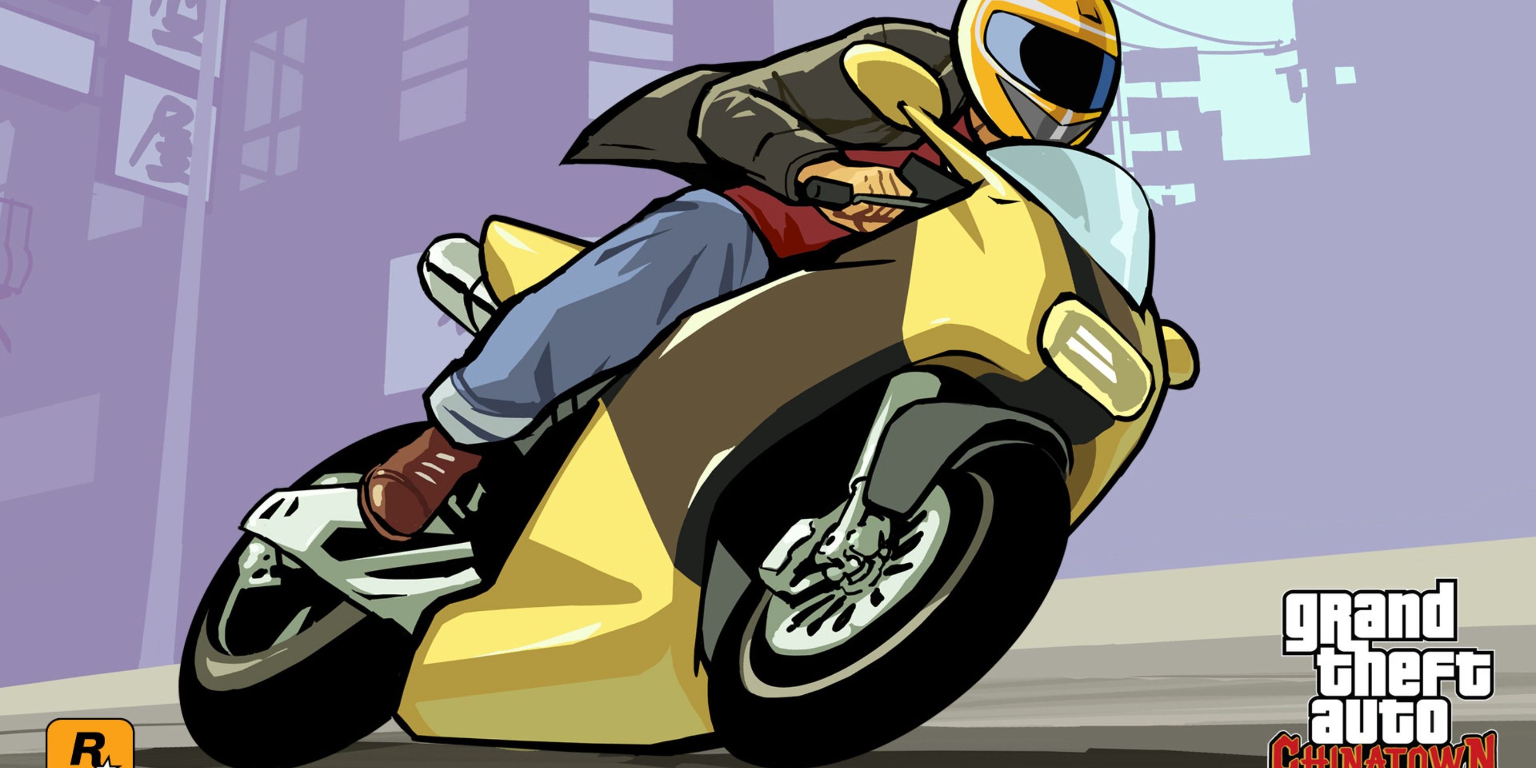 An artwork image of Grand Theft Auto Chinatown Wars. It features a person riding a gold motorbike
