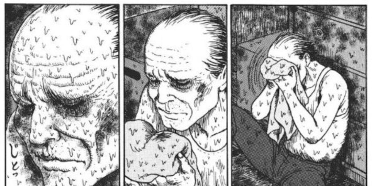In Junji Ito's Grease, a man covered in grease rubs a towel against his face