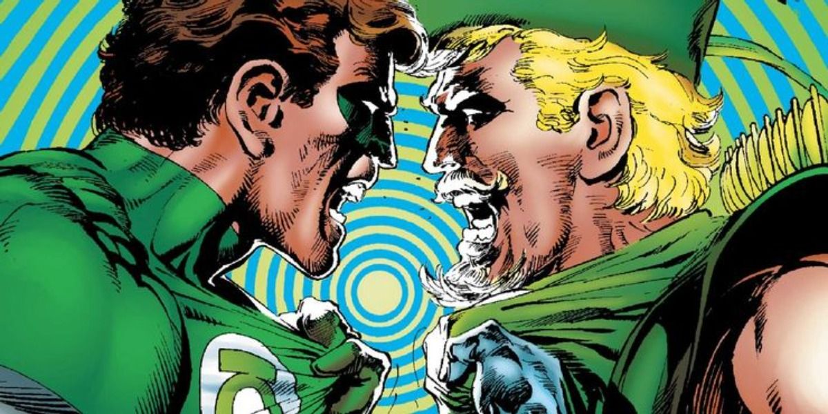 Green Arrow and Green Lantern scream at each other.