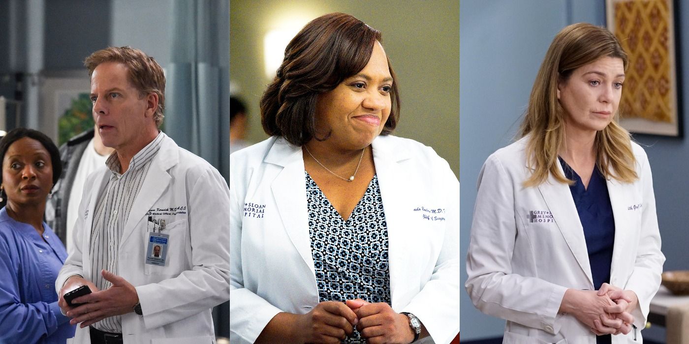 A triple split image of Tom Koracick, Bailey, and Meredithin their work attire. Tom seems to be wearing a grey shirt and white coat. Bailey is seen to be wearing a spotted black and white dress, and Meredith is seen to be wearing her navy blue scrubs