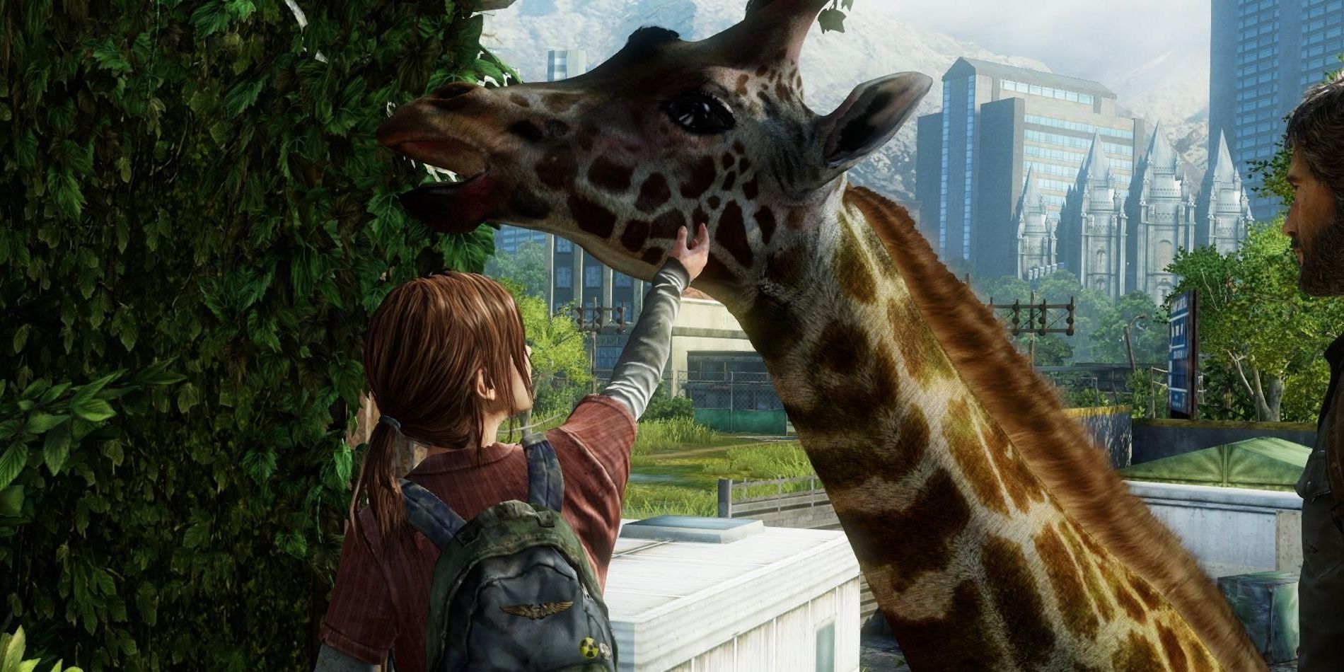 Ellie and Joe and giraffe in Last of Us