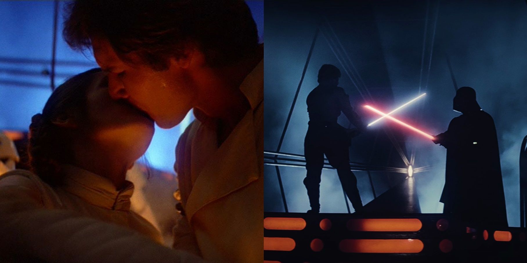 Han and Leia kiss and Luke and Vader duel in The Empire Strikes Back