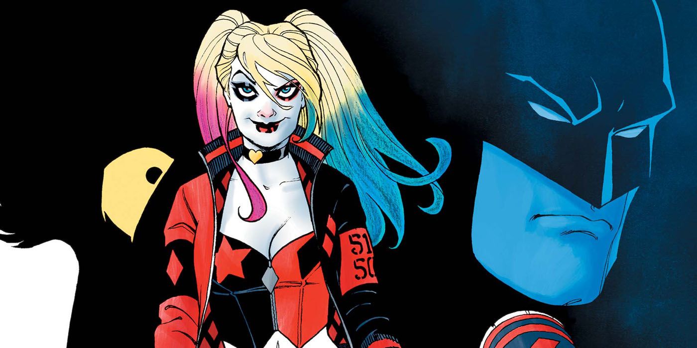Harley Quinn com o rosto do Batman ao fundo.