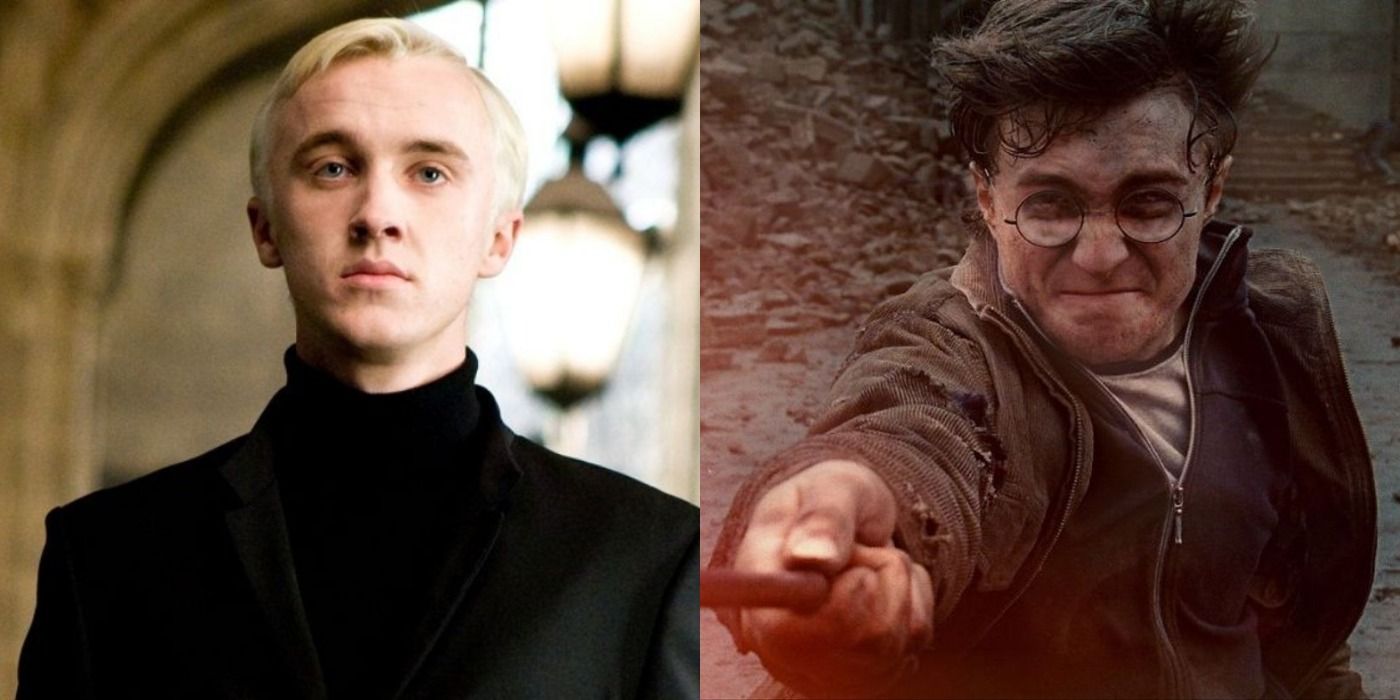 Split image showing Draco Malfoy looking serious and Harry Potter using a spell
