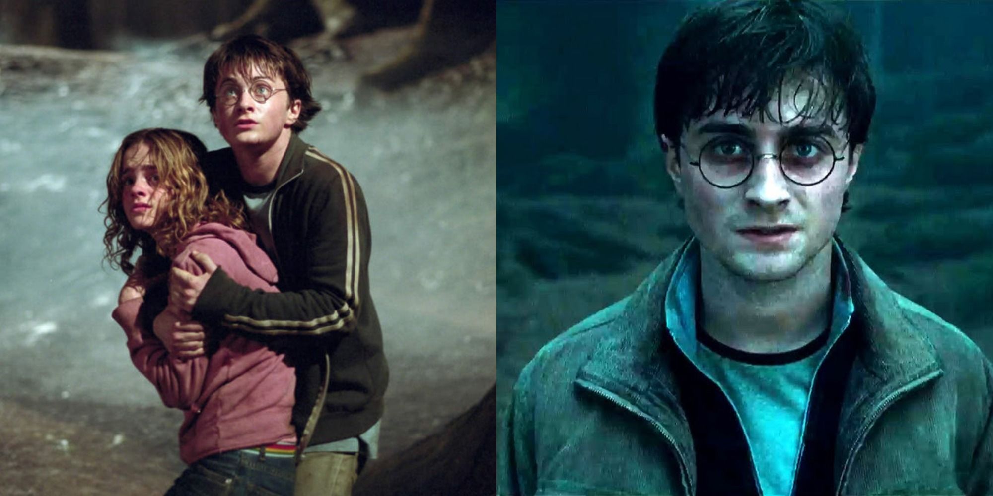 A comparison photo that shows Harry in The Prisoners of Azkaban and the other in the Deathly Hallows