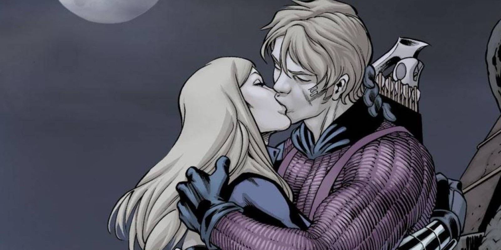 Hawkeye and Mockingbird kissing in Marvel comics