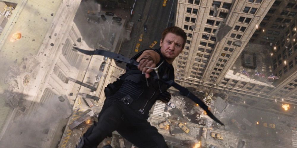 Hawkeye shooting grapple arrow in Avengers.