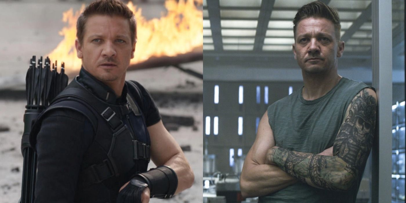 Hawkeye stringing his bow on a New York street in The Avengers and leaning against a door frame in the Avengers compound in Avengers: Endgame in a split screen image