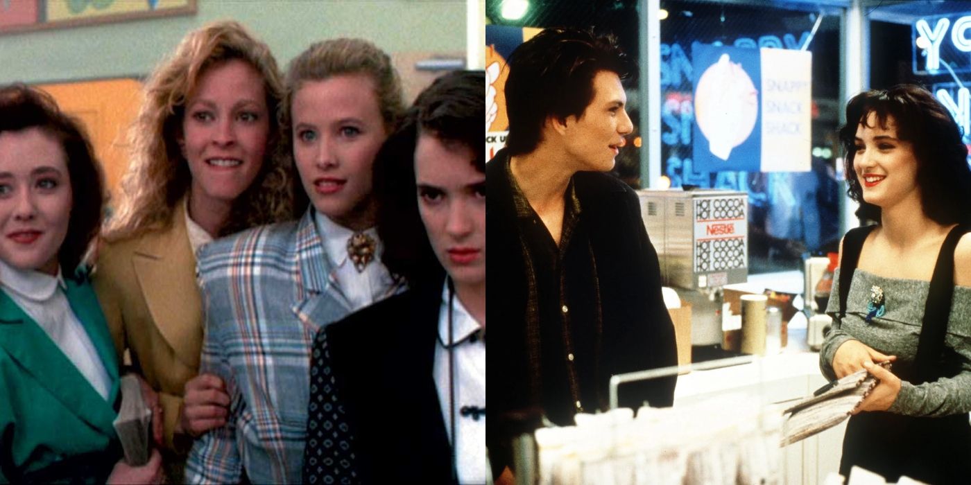 Heathers featured image with Veronica and the three Heathers standing in school and Veronica and J.D. standing in a store
