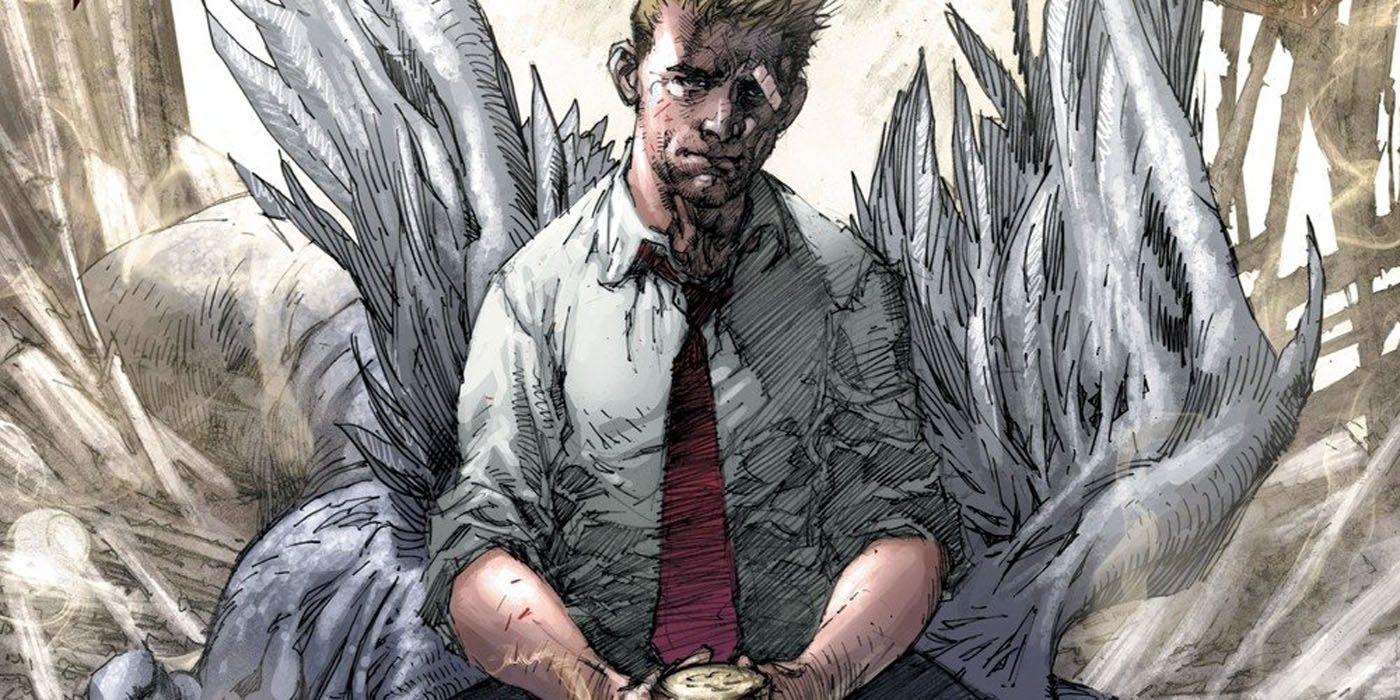 Constantine sitting and looking glum on a Hellblazer comic cover.