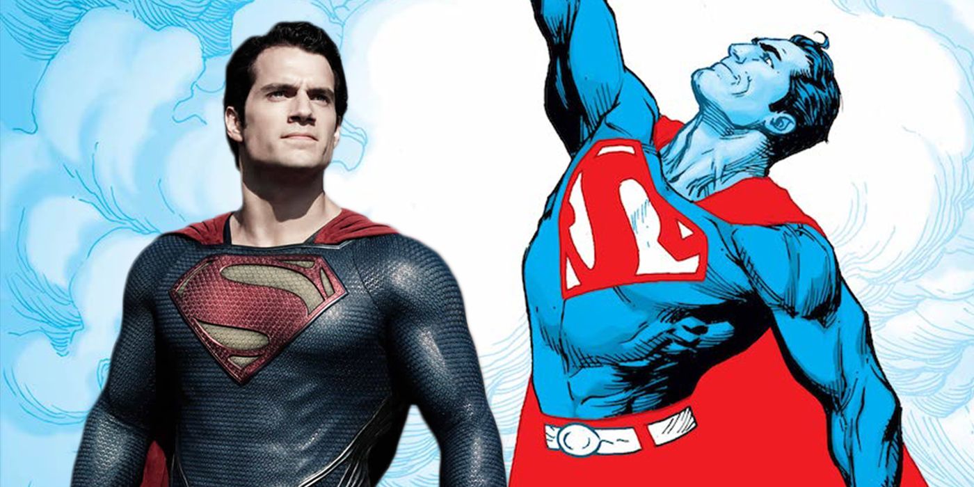 Henry Cavill as Superman in Man of Steel with the cover of Superman: Red and Blue #1.