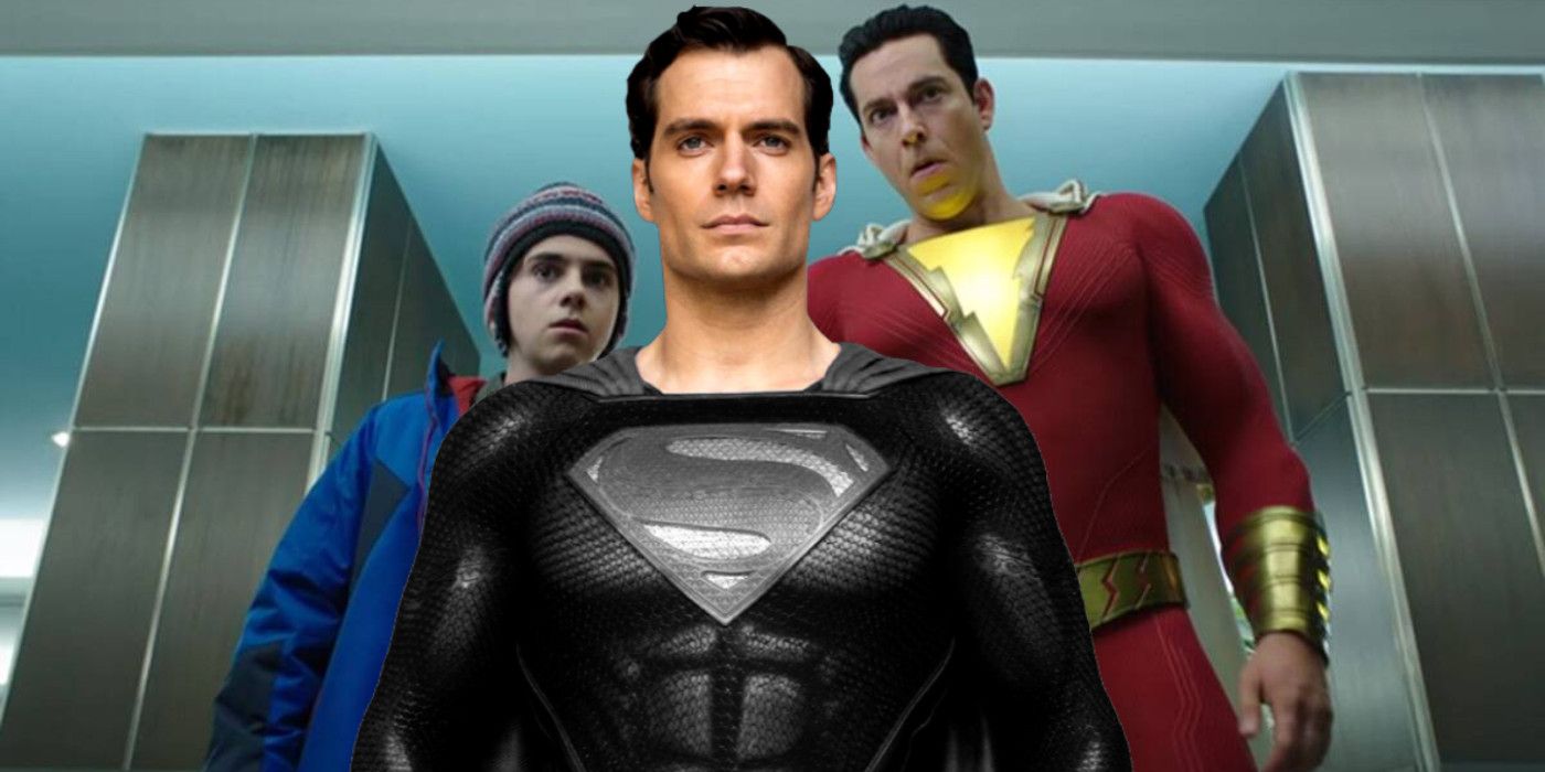 Henry Cavill as Clark Kent Black Suit Superman Justice League Snyder Cut Zachary Levi as Shazam Jack Dylan Grazer as Freddy Freeman