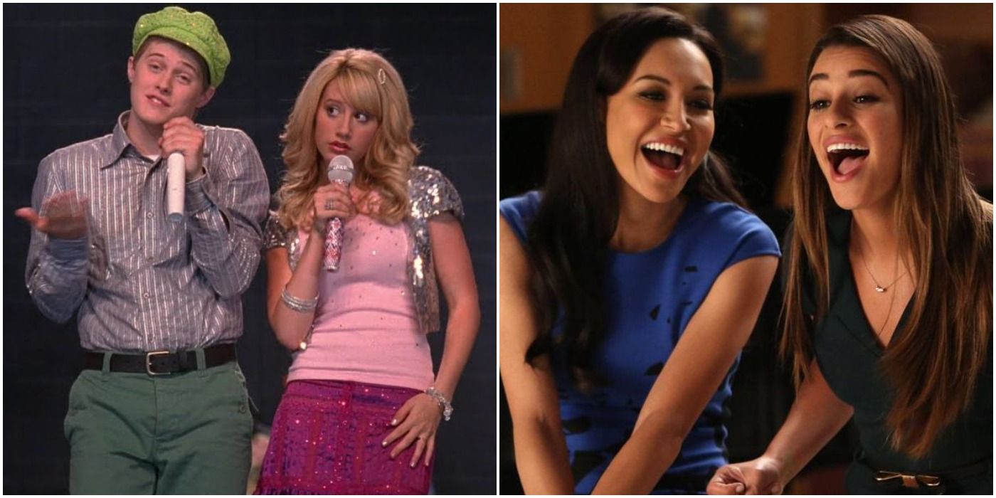 A split image of Ryan and Sharpay, and Rachel and Santana. They are both seen to be singing