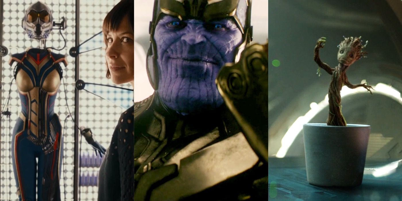 Hope Van Dyne Looking At The Wasp Suit, Thanos With The Infinity Guantlet, And Baby Groot Dancing